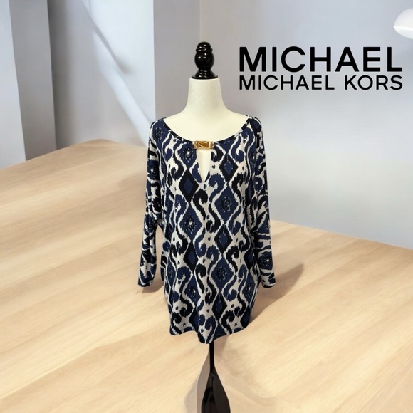 Michael Kors, Geometric Print Blouse, Large, Blue, Black, White - Picture 1 of 11